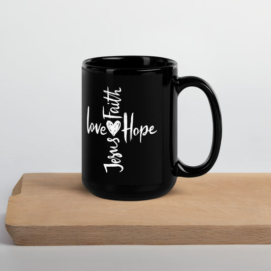 Faith Hope Cross Black Glossy Mug