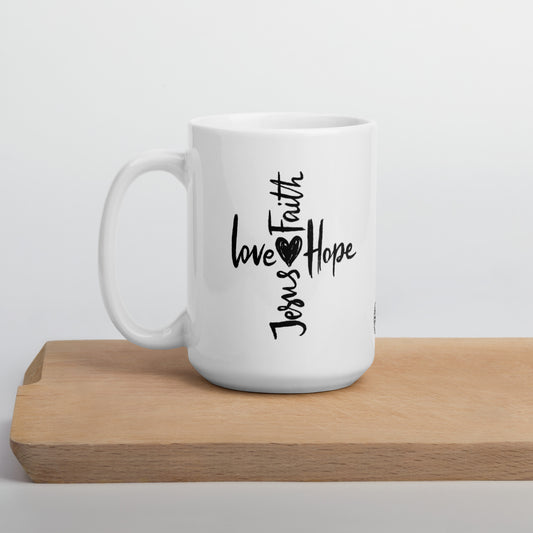 Faith Hope Love Cross White Glossy Mug